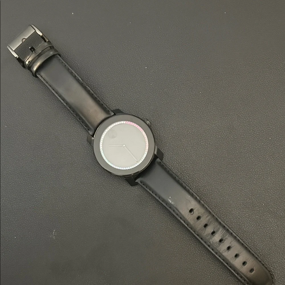Movado Black Minimalist Dial Watch with Rainbow Crystal Accent